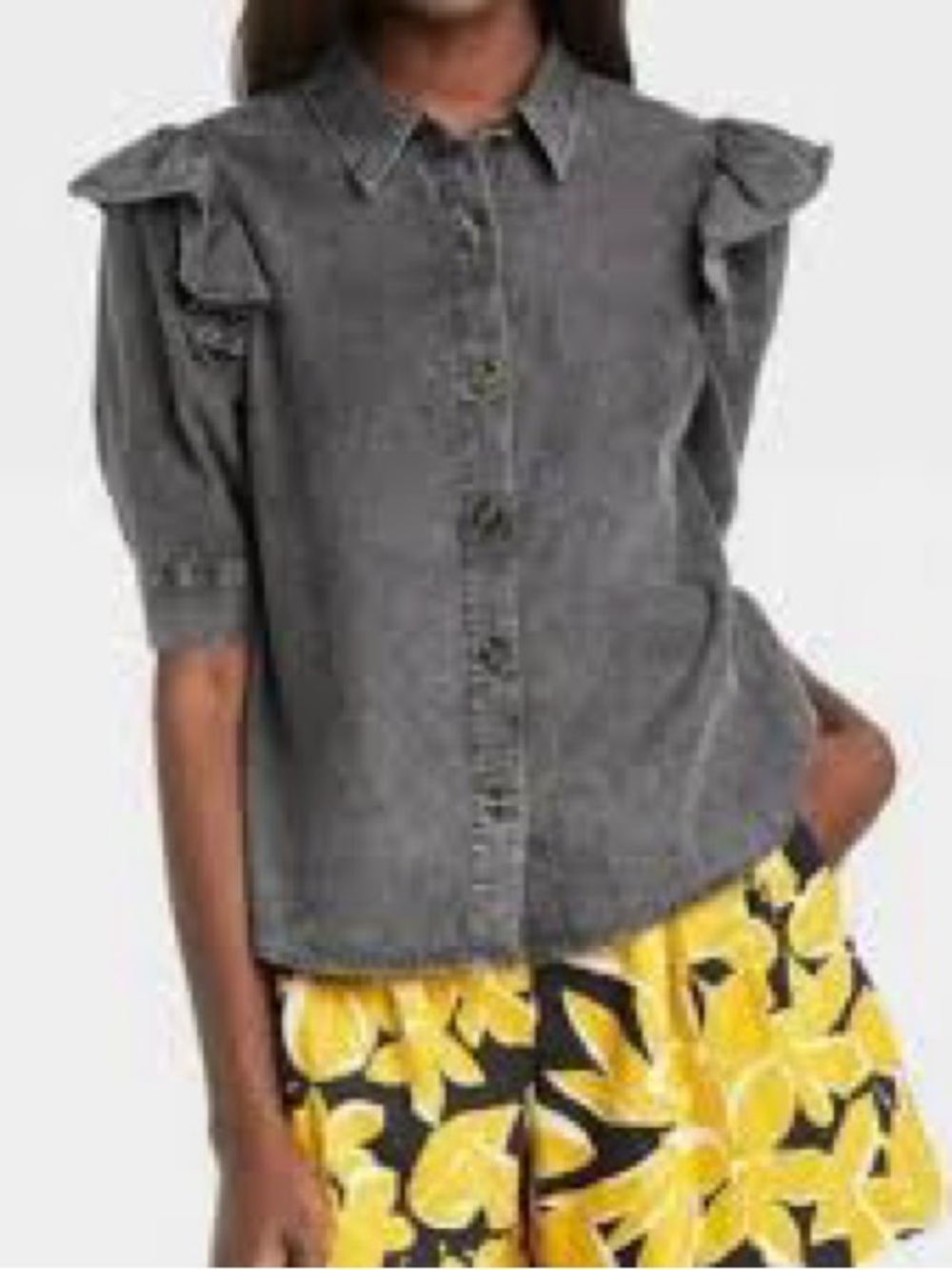 Who What Wear Washed Black Denim Button-Front Ruffle Sleeve Top